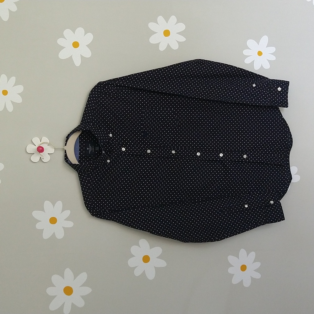 American Eagle Dark Navy & White Polka Dot Button-Down